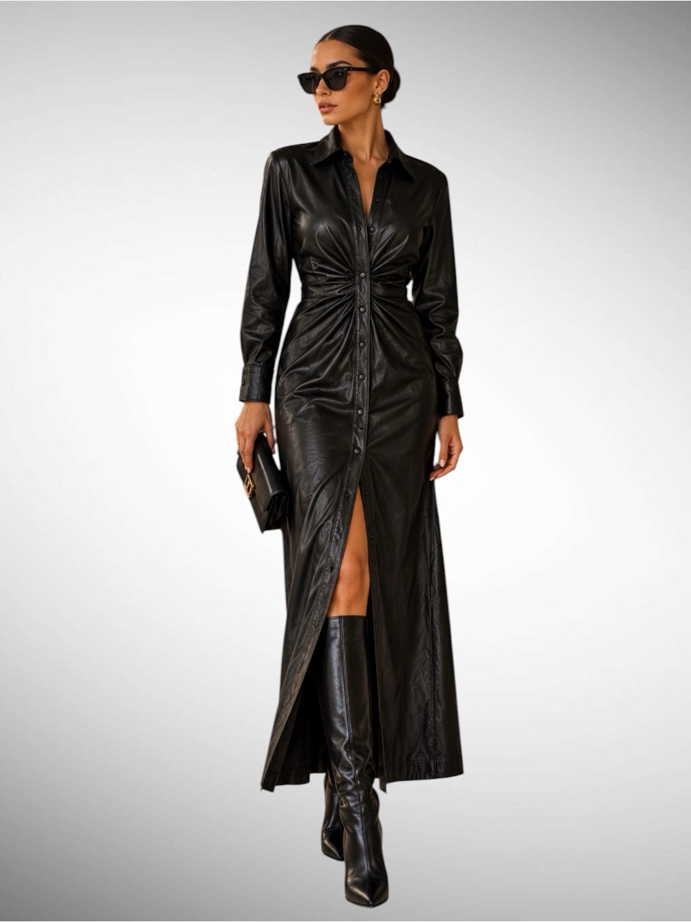 ZARA Black Faux Leather Ruched Maxi Shirt Dress | Size L | Ref. 8744/353